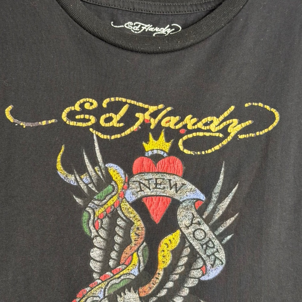 Ed Hardy New York City Crop Top T Shirt Womens XL Black Y2K Tee Skull Worn - Picture 3 of 7